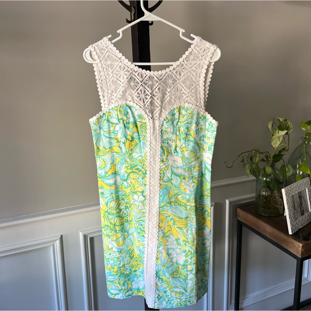 Lily Pulitzer -Dress, Size 8, white lace with a green/blue/yellow print
